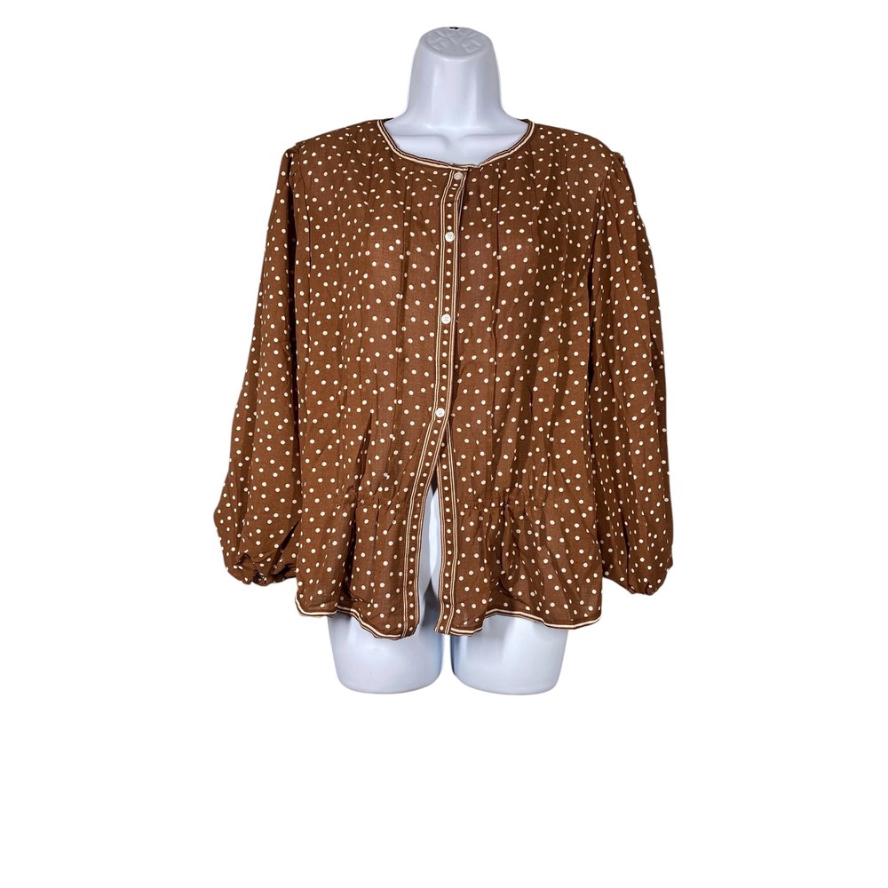 Max Studio London Blouse Womens XL Brown Excellent Polka Dot Peplum 5707Y35